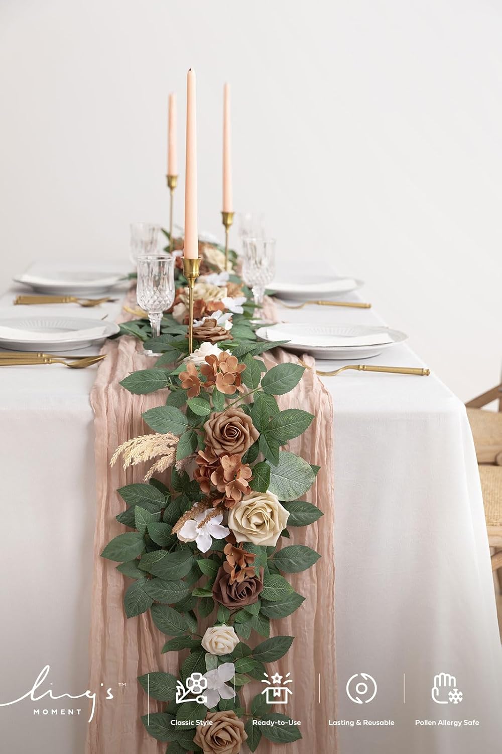 Ling's Moment 5FT Beige Brown Artificial Flower Garland Fake Rose Eucalyptus Garland Arch Flowers Vine for Wedding Party Backdrop Home Table Centerpieces Decorations