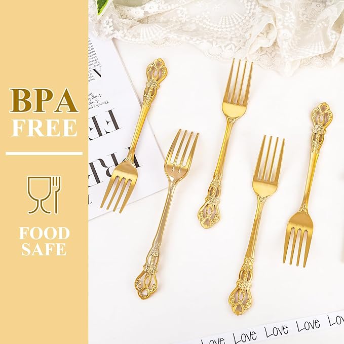 150PCS Gold Plastic Forks - 8.1inch Gold Forks Disposable - Vintage Heavy Duty Dessert Forks - Premium Fancy Plastic Silverware for Parties, Weddings, Dinners and Events