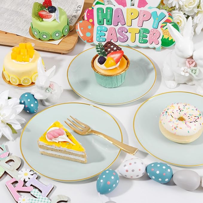 Festiva 200Pcs Pale Sage Green Gold Cake Plates 6.3" with Plastic Forks 5"- Disposable Salad Plates-Green Dessert Plates-Appetizer Plastic Plates - include 100Plates 100Forks for Party&Wedding&Easter