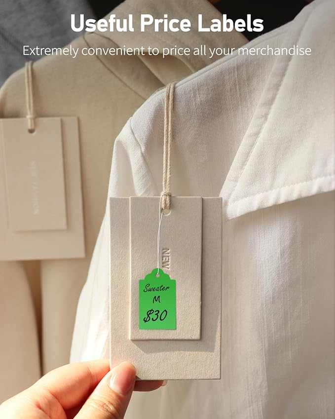 Uniclife 200 Pcs Price Tags with String Attached 1.8 Inch Writable Colored Hang Tag String Tags for Pricing Clothing Jewelry Price Display Labels Blank Merchandise Marking Paper Tag, 1.8" x 1.05"