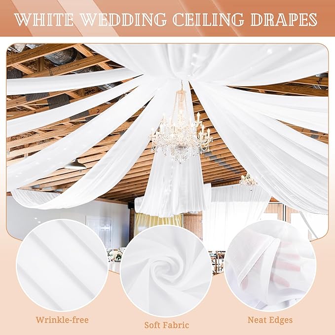 6 Panels White Ceiling Drapes for Wedding 5ftx15ft Sheer Drapery Chiffon Fabric Arch Draping Curtains for Party Ceremony Birthday Baby Shower Reception Stage Ceiling Decorations