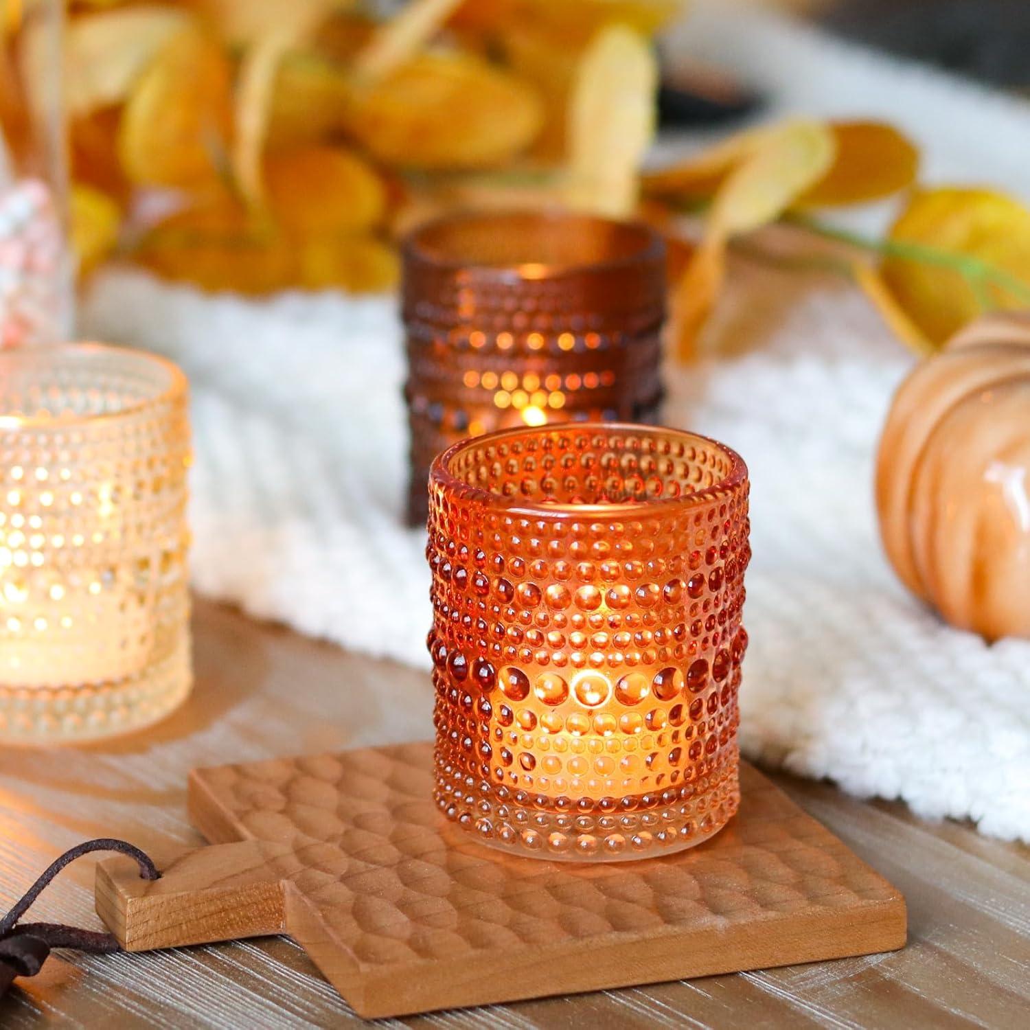 WDHODEC Brown Green Glass Tealight Candle Holders Set of 24 - Hobnail Vintage Votive Holders for Fall, Winter Wedding, Christmas Table Centerpiece Decor