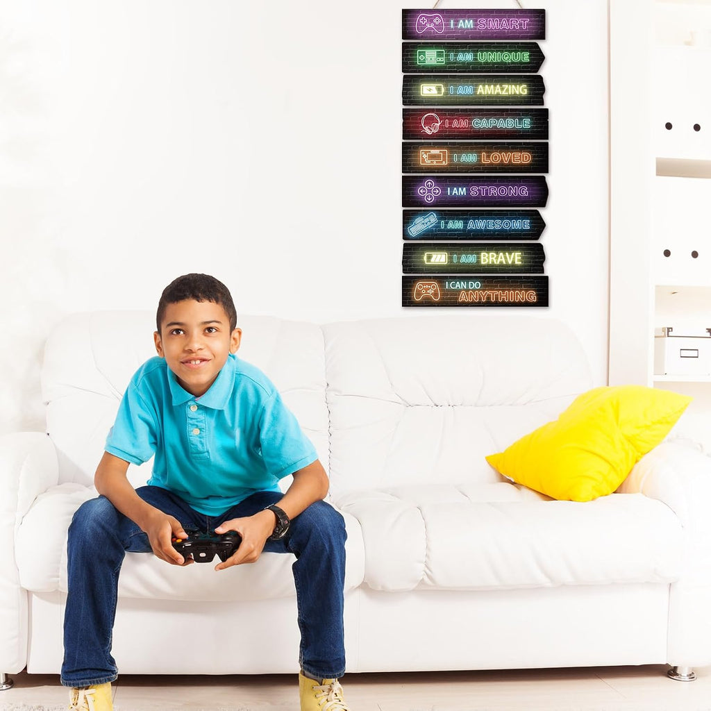 Chunful Set of 9 Boys Room Bedroom Decor Boys Inspirational Wall Decor Wood Hanging Plaque Motivational Kids Bedroom Wall Sign for Kids Teenage Toddler(Game)
