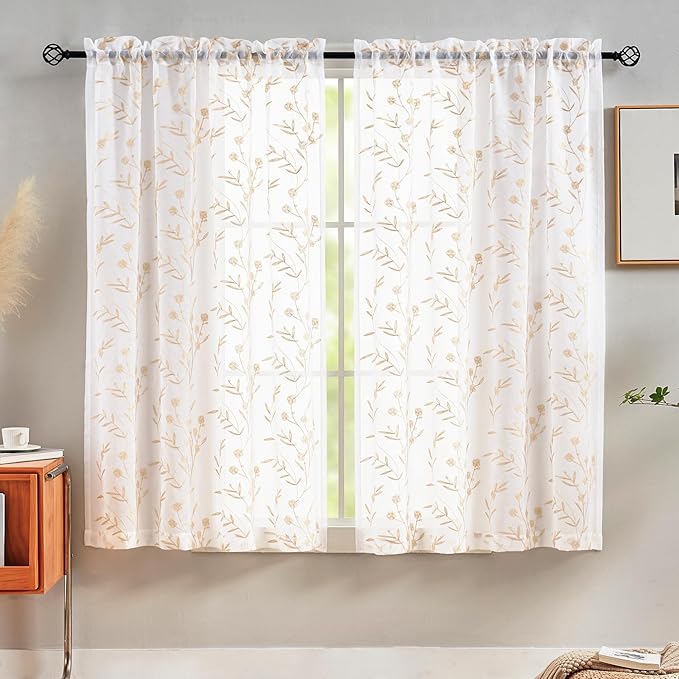 Sheer Curtains Embroidery 63 Inch Length White-Beige Rod Pocket Voile Drapes for Living room, Bedroom, Window Treatments Semi Flower Pattern Curtain Panels for Yard, Farmhouse, Set of 2, 52"x 63".