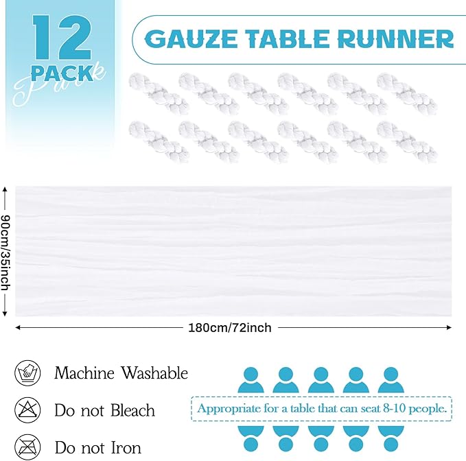 Aktor 12 Pack White Table Runner Boho Cheesecloth Table Runner Semi Sheer Gauze Fabric Runners for Wedding Birthday Baby Shower Party Boho Table Decoration（White）