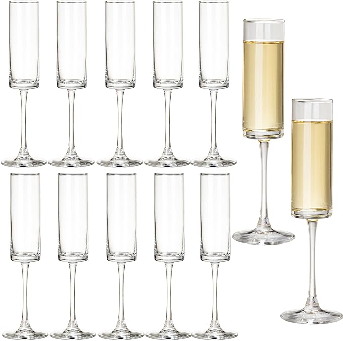 12 Pieces Clear Champagne Flutes 6 OZ Straight Sided Wine Glasses Champagne Long Stem Drinking Colored Glasses,Set of 12 Hand Blown Champagne Flutes Goblets for Wedding Cocktail Cups,Cava, Prosecco
