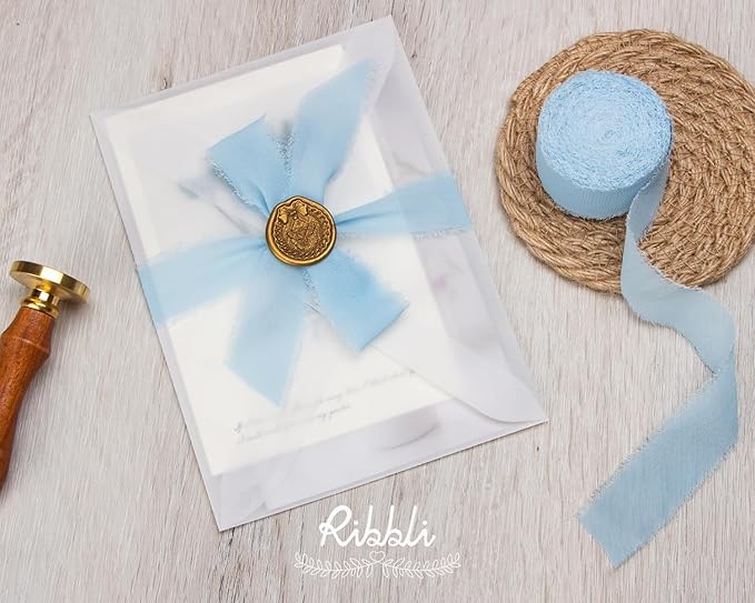 Ribbli Baby Blue Ribbon 1 Inch x 3 Rolls Total 24 Yards Light Blue Handmade Fringe Chiffon Silk Ribbon for Wrapping Wedding Invitations Bridal Bouquets DIY Crafts Home Decor