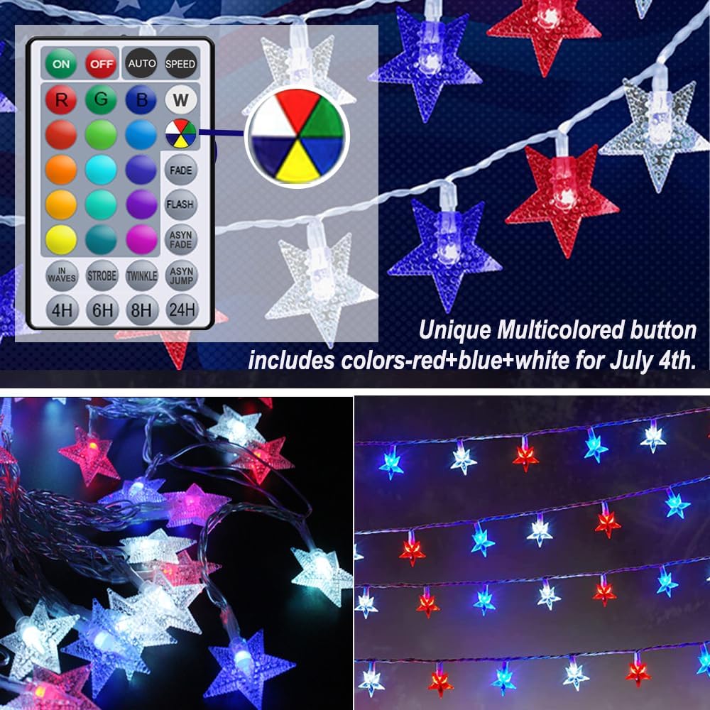 Solhice Star String Lights Battery Operated Color Changing 20ft 40 LEDs, 4th of July Decor Fairy Lights, Hanging Twinkle Lights with Remote for Outdoor Indoor Bedroom Décor