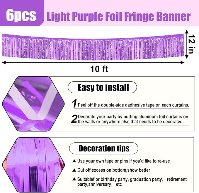6 Pack 10 Feet Light Purple Foil Fringe Garland Metallic Tinsel Streamers Banner Wall Hanging Curtain Backdrop for Parade Floats, Birthday, Graduate, Mother's Day, Wedding Party Decoration