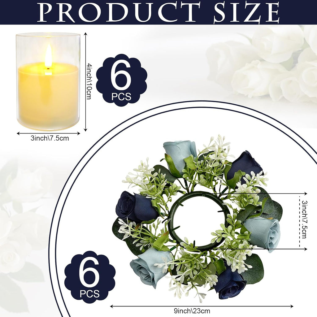6 Sets Rose Rings Wreaths with LED Candles - Artificial Roses Eucalyptus Wreath Wedding Centerpiece for Wedding Bridal Shower Banquet Table Decor - Navy Blue
