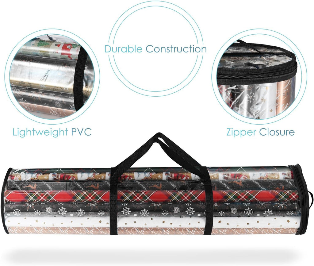 Hearth & Harbor Wrapping Paper Storage Container and Clear Wrap Paper Holder - Christmas Storage Bag with Interior Pockets - Fits Up to 36 Rolls of 40" - Tear Proof, Black