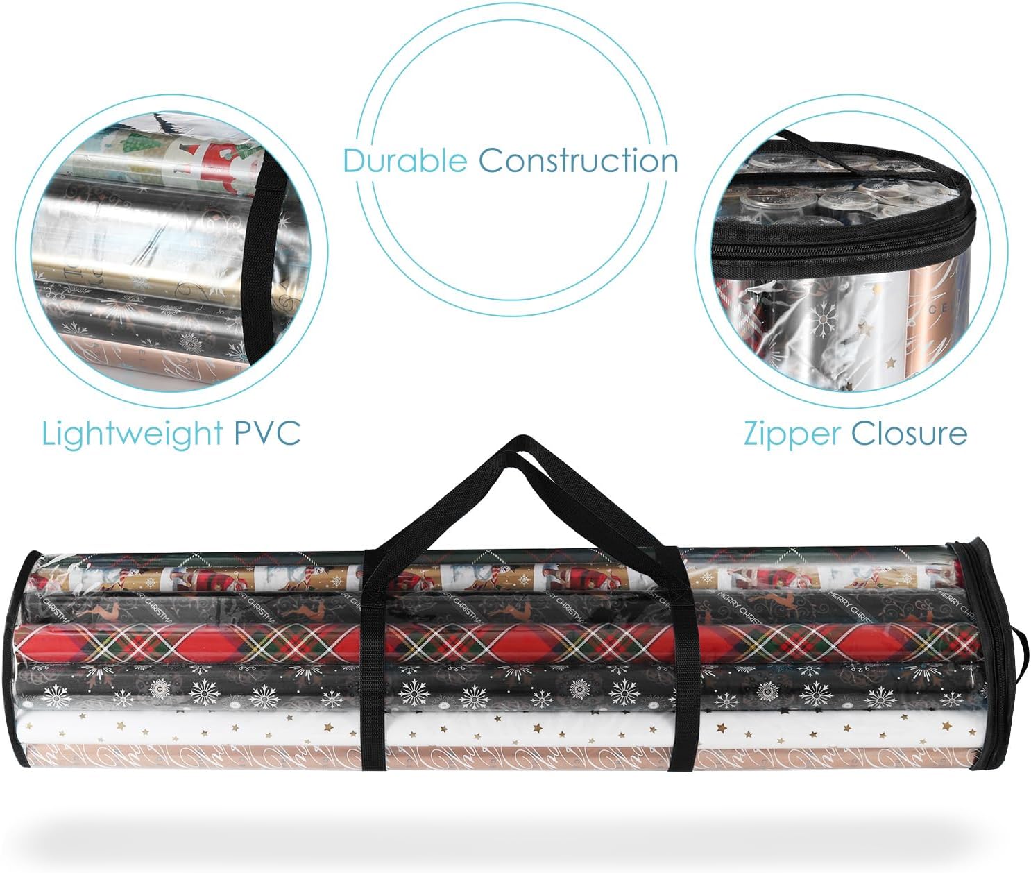Hearth & Harbor Wrapping Paper Storage Container and Clear Wrap Paper Holder - Christmas Storage Bag with Interior Pockets - Fits Up to 36 Rolls of 40" - Tear Proof, Black