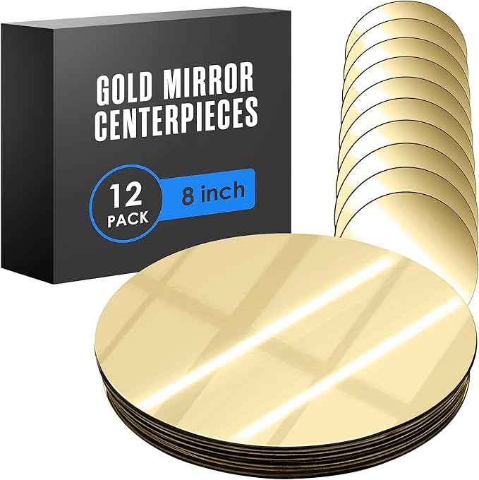 Houseables Gold Mirror Centerpieces For Tables, Round Mirrors For Centerpieces, Mirrored Trays, Round Table Plate Tray, Circle, Glass Charger, Wedding, Center Piece, Small, Base, Candle, 8 Inch, 12 PK