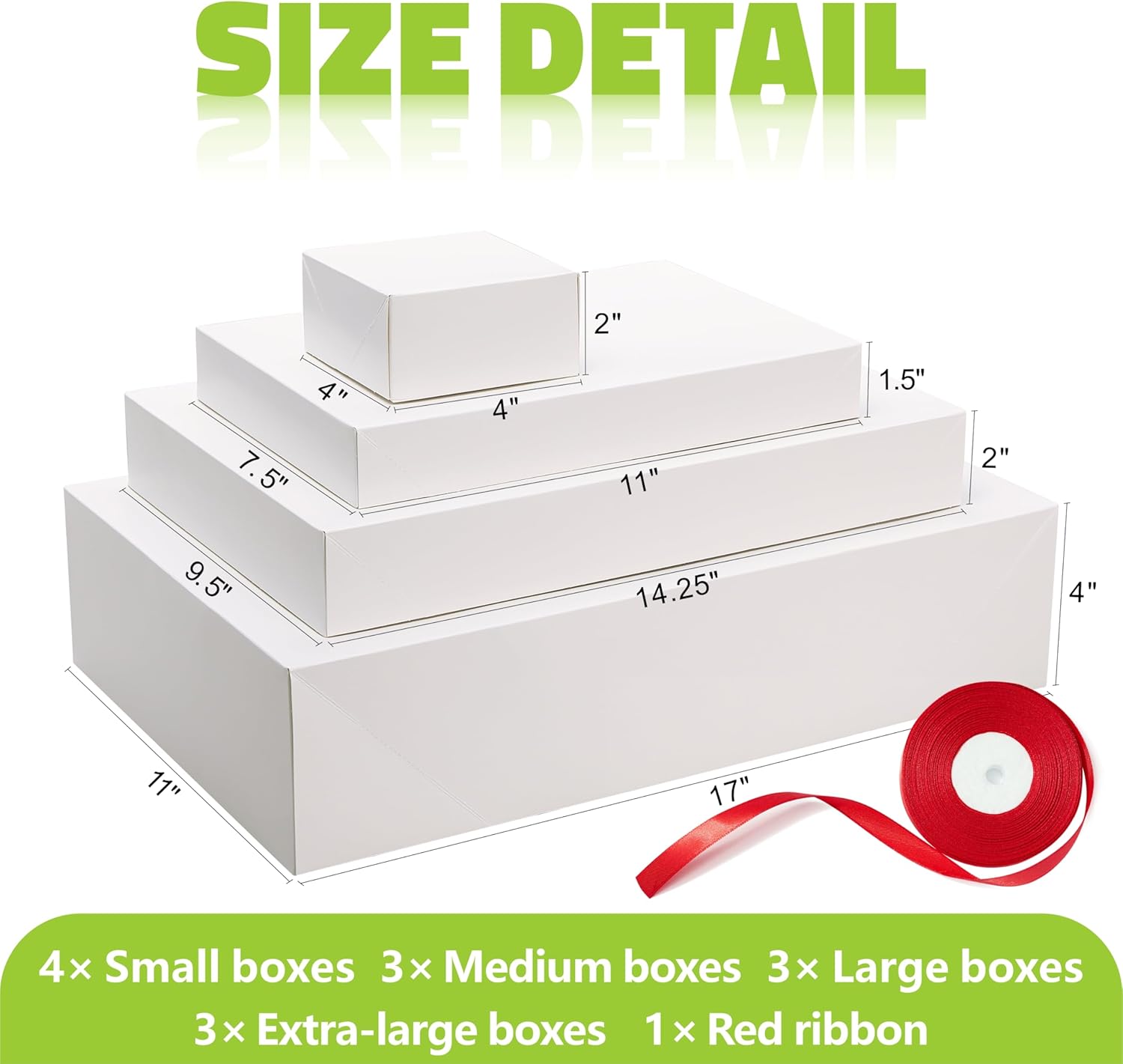 Bobobag 13 Pack White Gift Boxes with Lids for Presents, Assorted size Gift Boxes for Christmas ( 3 Extra large 17",3 Large 14.25",3 Medium 11",4 Small 4" ,Red Ribbon ), 4 inch Deep Box for Wrapping Robe Scarf Mug.
