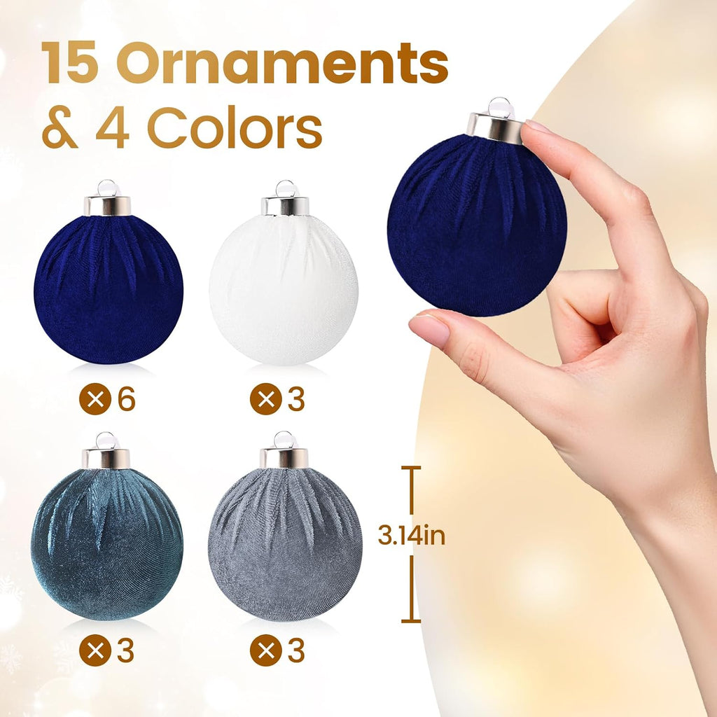 EverMerry 15 PCS Velvet Christmas Ornaments, 3.14’’ Christmas Ball Ornaments Set, Hanging Balls Decorations for Xmas Tree, Wreath, Garland, Home Decor (Blue and White)