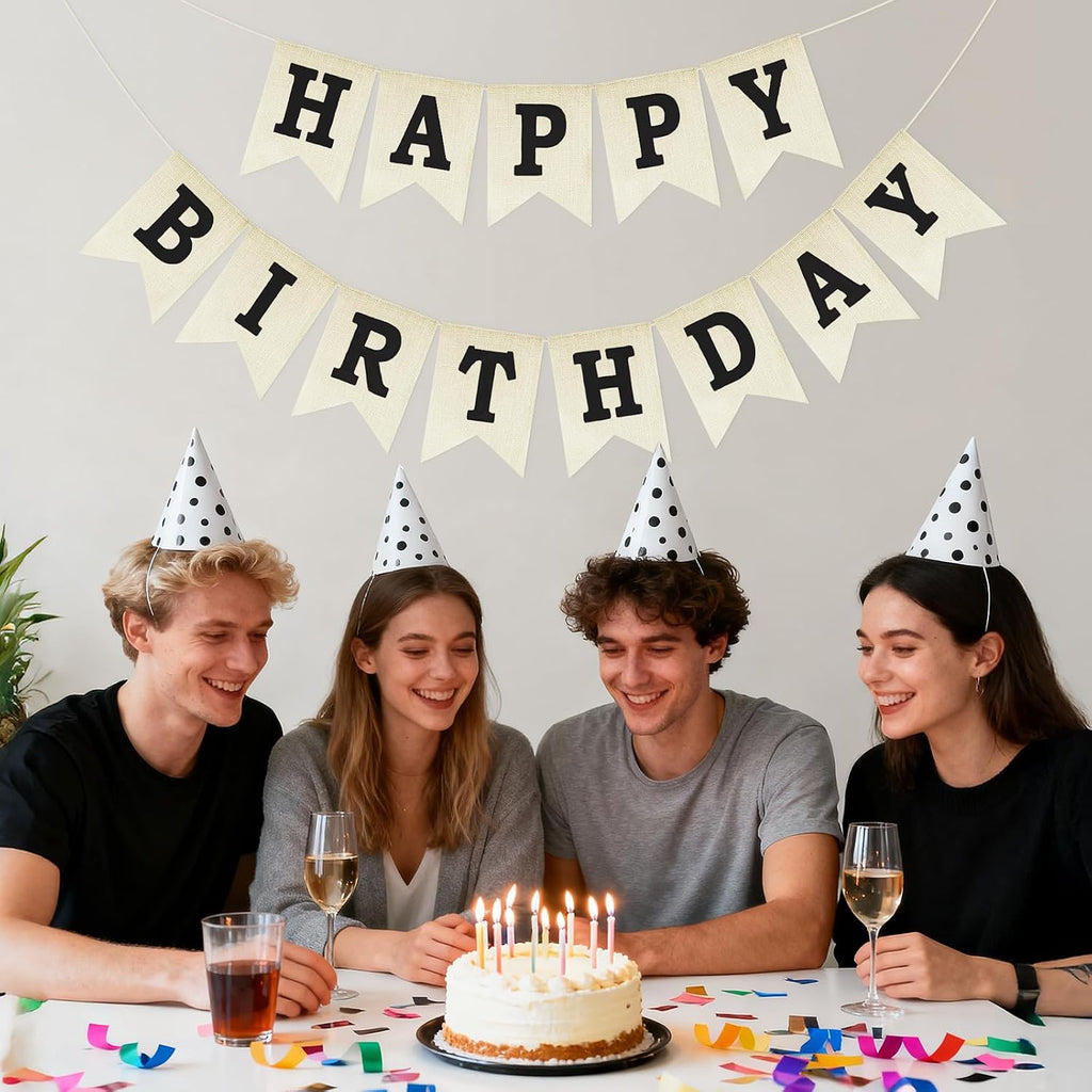 Anwyll Happy Birthday Banner - NO DIY Happy Birthday Decorations | Burlap Happy Birthday Sign Birthday Party Decorations for Women Men Girls Boys Celebration Party Backdrop Yard (Black)