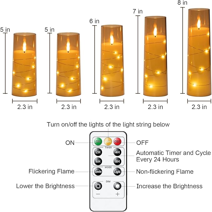 Raycare Flameless Candle with Remote Timer – 5 Flickering Acrylic Battery Operated LED Pillar Candles with Embedded Star String for Halloween, Home Decor, and as a Gift(Glod)