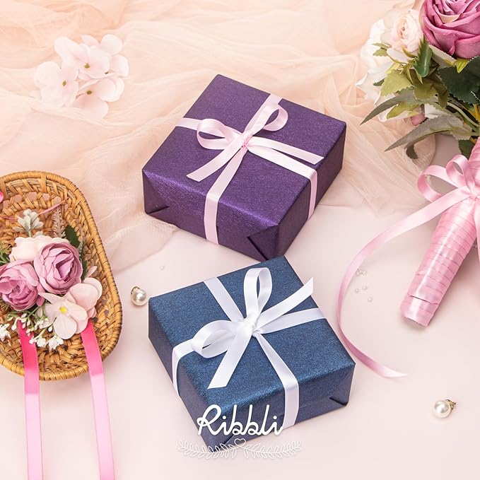 Ribbli Pink Satin Ribbon 3/8 Inch x 4 Rolls Total 40 Yards- White Pink Ribbon for Gift Wrapping Craft Wedding Decoration