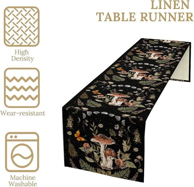 Mushroom Kitchen Table Runner, Boho Vintage Wild Flower Gothic Witchy Moonlit Forest Plant Table Runner for Bedroom Living Room Kitchen Dinner Table, 13x60 Inch