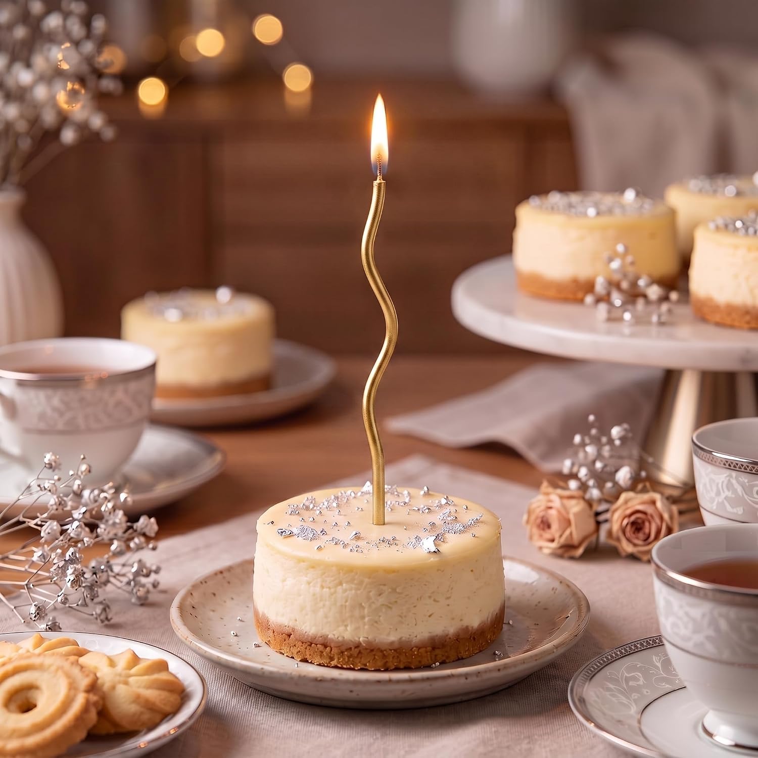 BBTO 12 Pcs Twisted Birthday Candles Spiral Metallic Cupcake Thin Long Cake Candles with Holders for Cake Topper Birthday Wedding Party Anniversary Decor(Gold)