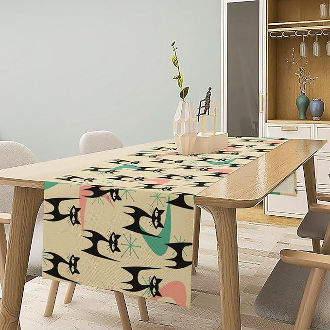 Mid Century Table Runner,Cat Geometric Stripe Colorful Abstract Pattern Print Tablecloth Burlap for Hotel Indoors Outdoor Dining Room Kitchen Holiday Party, 13x60in