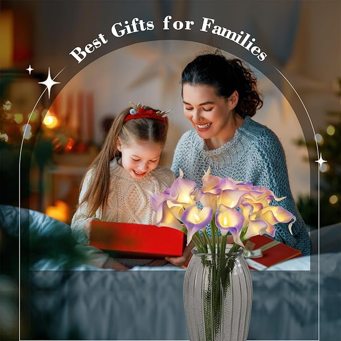 20pcs Artificial Calla Lily Bouquet Lamp Faux Floarl Night Light Real Touch Flower Night Lamp LED Calla Lily Lighted Artificial Flower for Her Gifts Home Kitchen Decor(Light Purple)