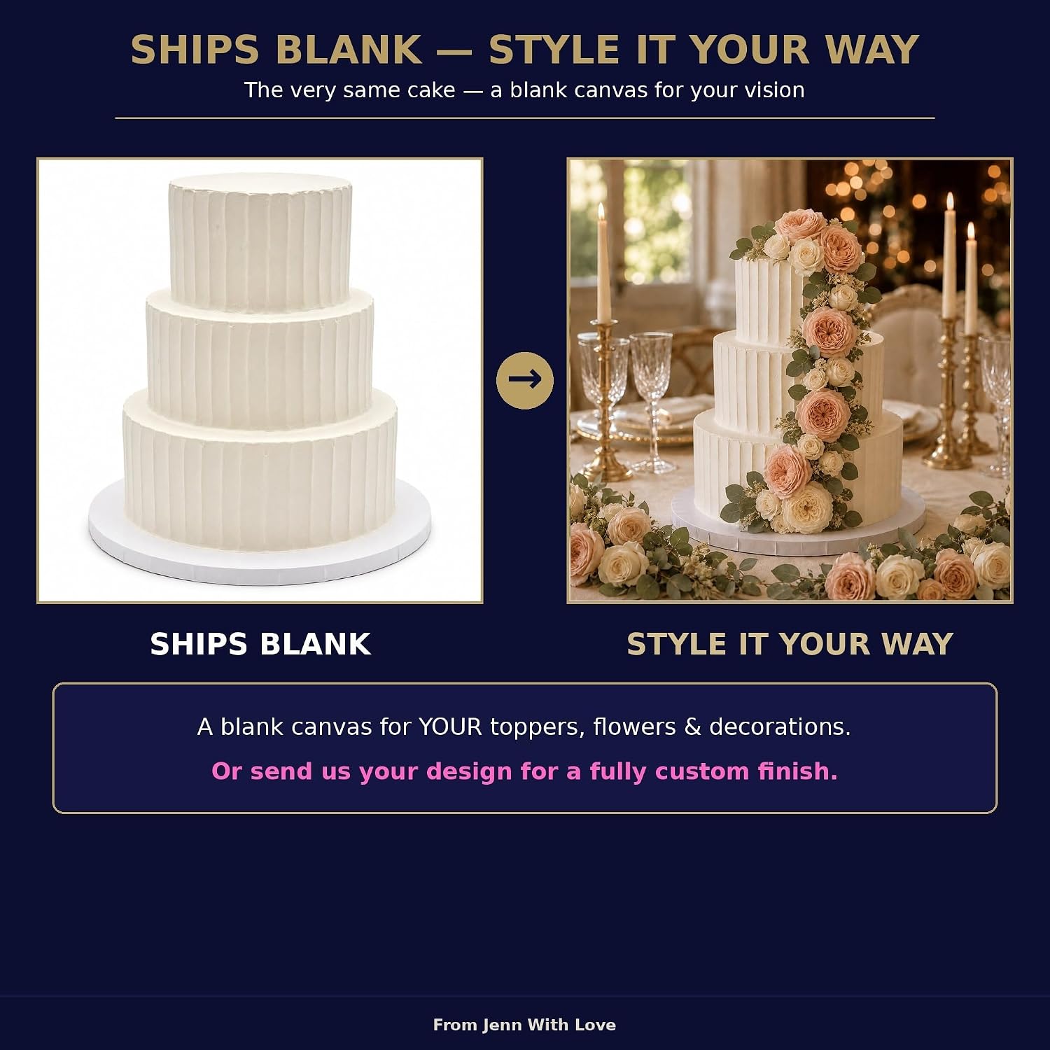 FromJennWithLove 3 Tier Fake Cake, 12" Tall Ready-to-Decorate Ivory Display Cake – 6-8-10 Inch Tiers – 4-Day Artisan Process, Made in USA – Reusable for Weddings & Events