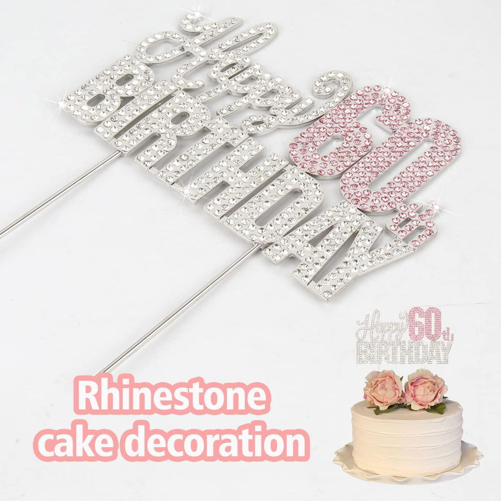 Happy 60th Birthday Pink & Silver Rhinestone Cake Topper - Cheers to 60 Years Old Sixty Bday Metal Sparkly Cake Centerpieces Topper Decorations Sign.