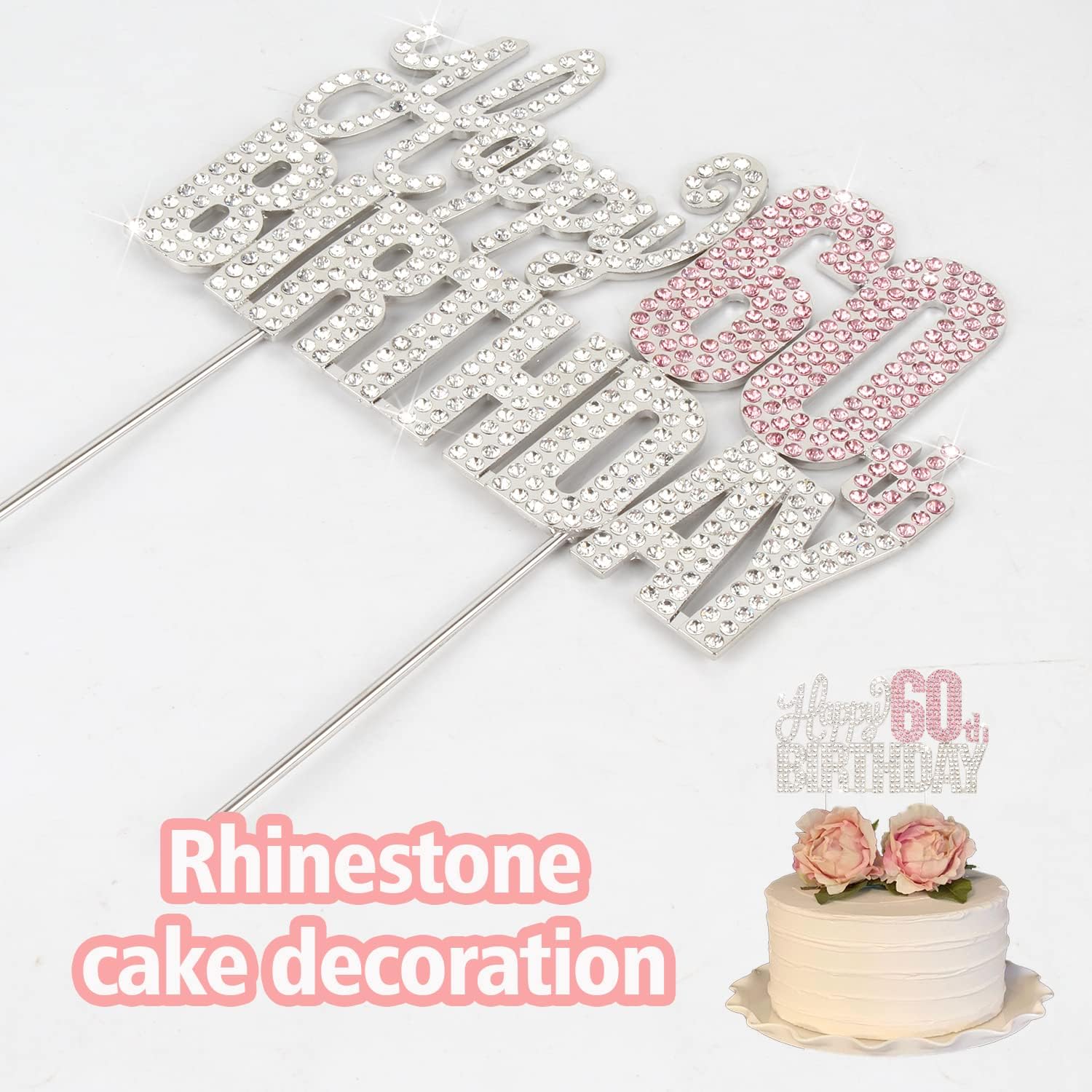 Happy 60th Birthday Pink & Silver Rhinestone Cake Topper - Cheers to 60 Years Old Sixty Bday Metal Sparkly Cake Centerpieces Topper Decorations Sign.