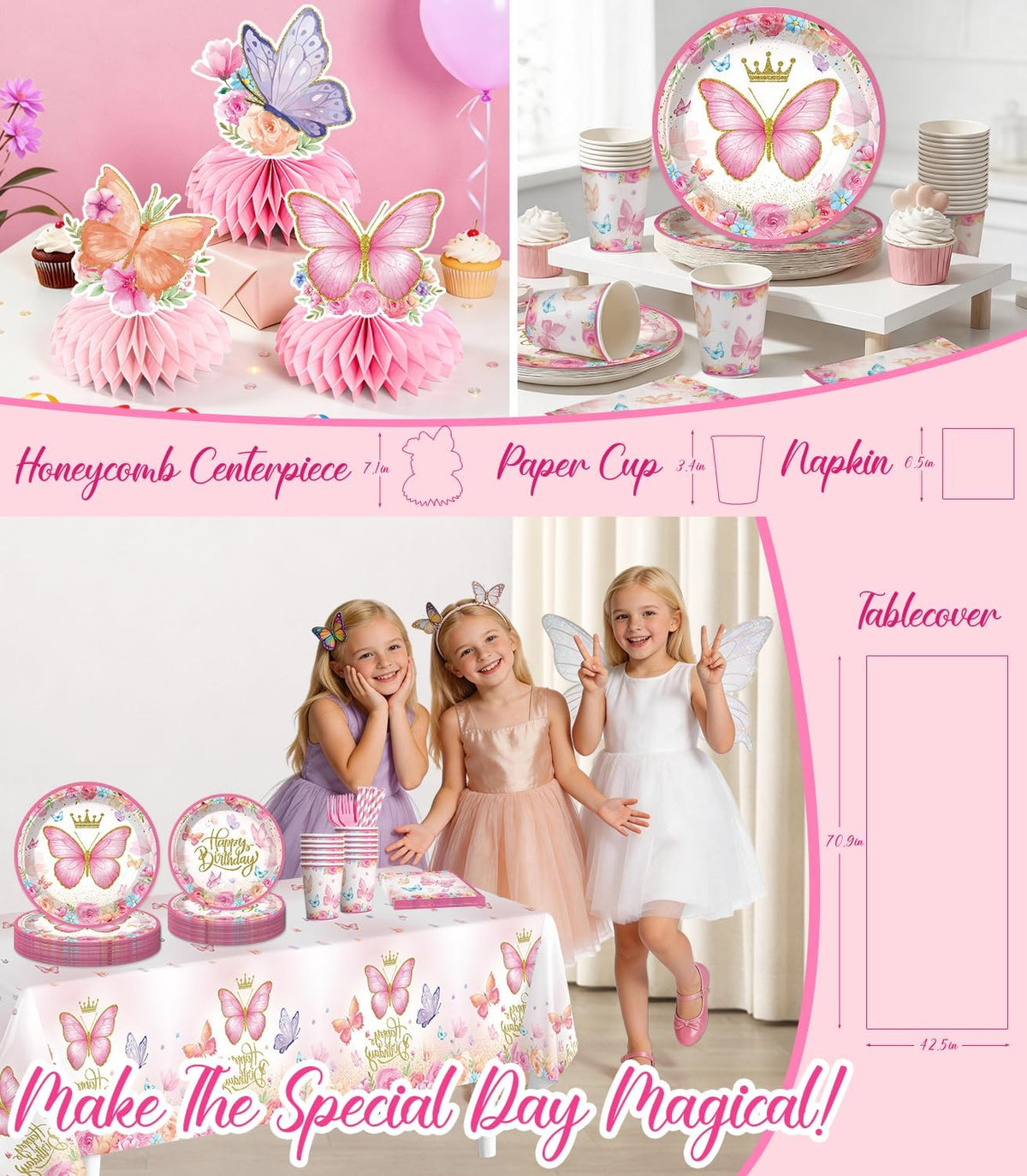 pink butterfly birthday decorations, all-in-one set for 25 showing dimensions