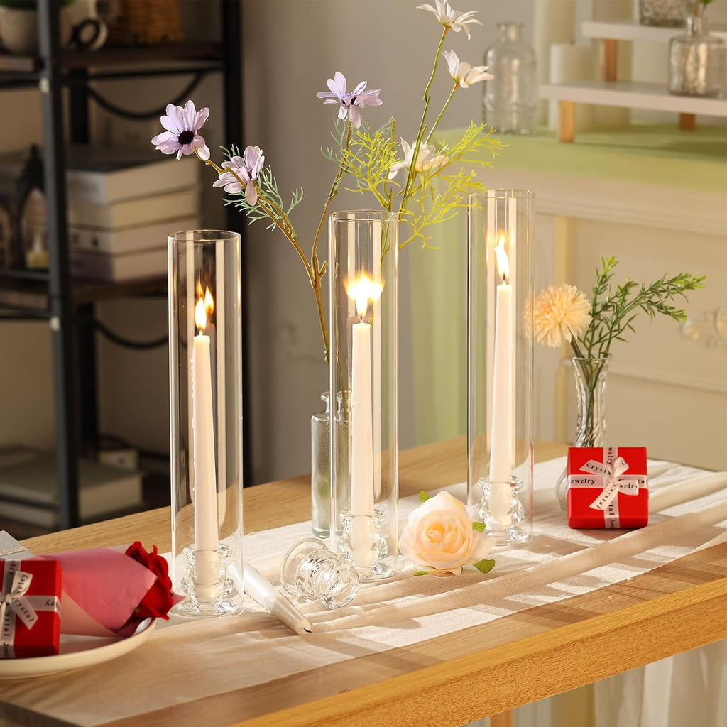 Teenyyou 24 Set Glass Hurricane Candle Holders Bulk 12.6" Open Ended Glass Candleholder Tube Shape Bottomless and 2.2" Taper Clear Candlestick Holders for Wedding Table Centerpiece (Clear)