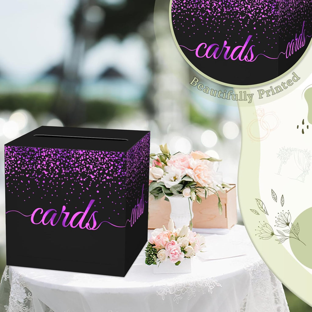 WNINK Black Purple Gold Cards Box for Birthday, Wedding, Bridal or Baby Shower, Graduation, Funeral, Anniversaries, Engagement Party Decorations Supplies Money and Cards Receiving Box
