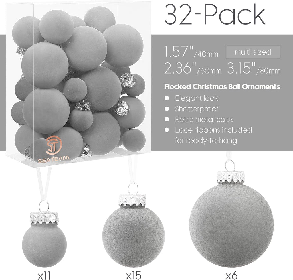 sea team 32-pack flocked velvet christmas ball ornaments, close-up detail