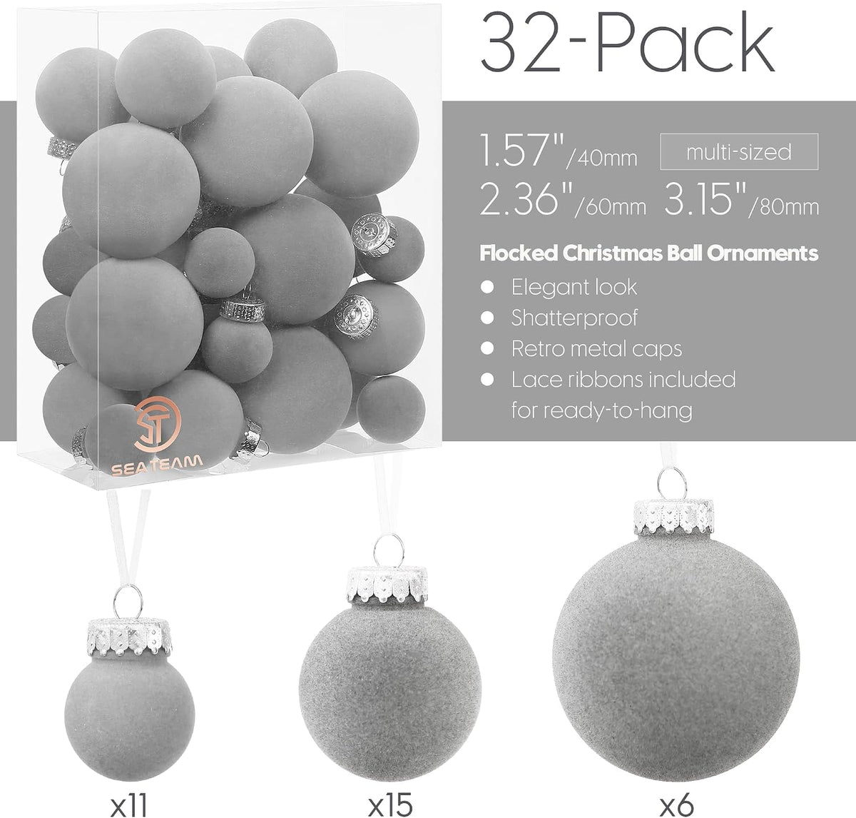 sea team 32-pack flocked velvet christmas ball ornaments, close-up detail