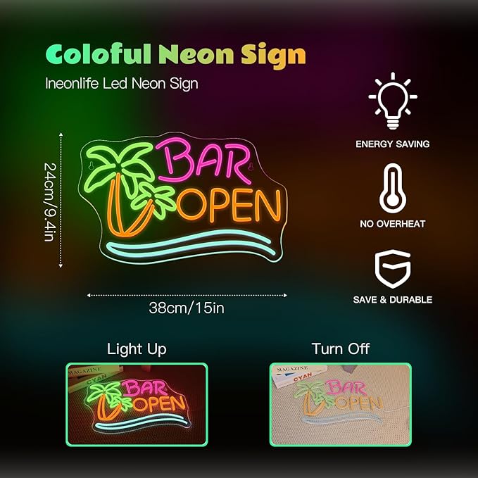 Ineonlife Coconut Tree Open Neon Sign Bar Neon Signs for Wall Decor Palm Tree LED Lights for Beer Bar Cafes Man Cave Shop Hotel Party Decorations Teen Boy Gift