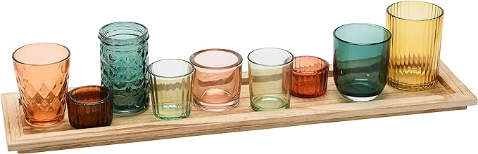 Creative Co-Op Round Glass Votive Holders on Wood Tray, Yellows & Greens, Set of 9