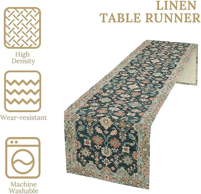 Vintage Boho Floral Table Runner, Rustic Country Farmhouse Blue Teal Red Bohemia Flower Pattern for Home Kitchen Table Decor Dining Coffee Room Party Decor 13x120in