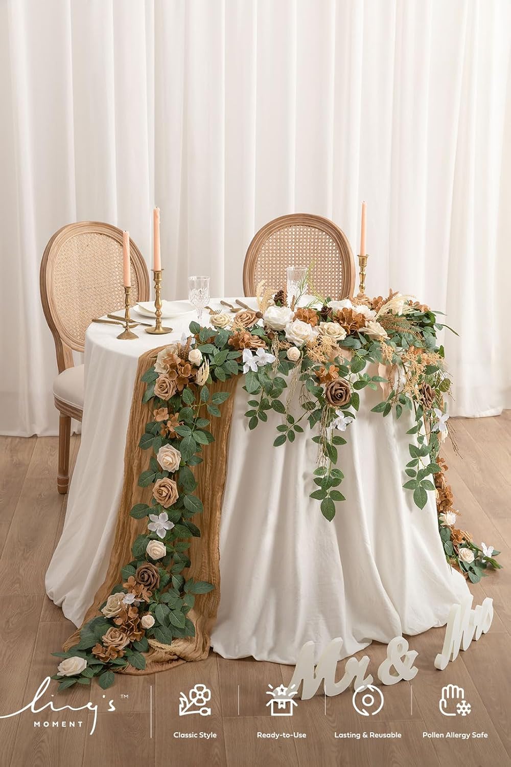 ling's moment brown artificial flower garland wedding arch shown in use
