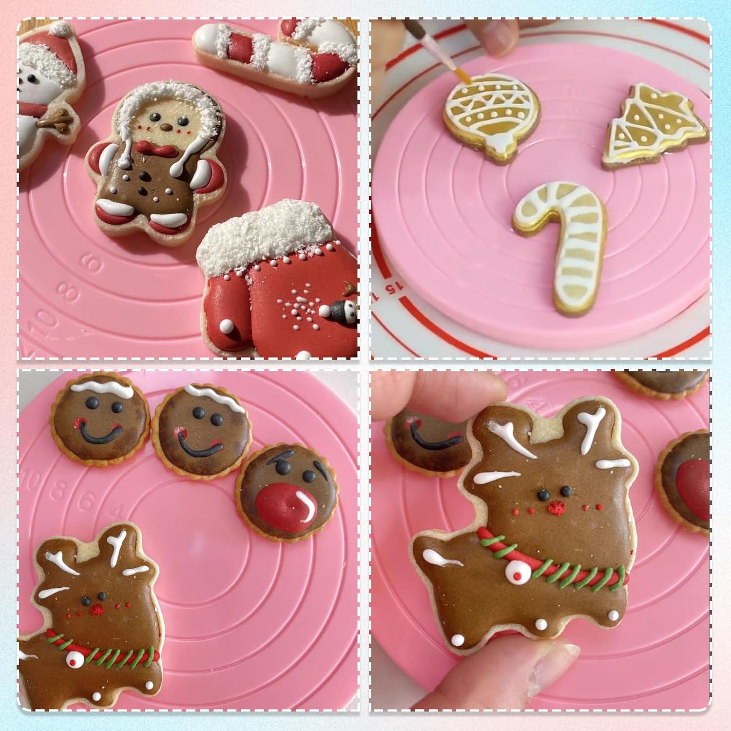 16 Pcs Cookie Decorating Kit Cookie Turntable Decorating Supplies with 2 Acrylic Turntable 6 Scribe Needle and 2 Silicone Mesh Mats 6 Decoration Brushes