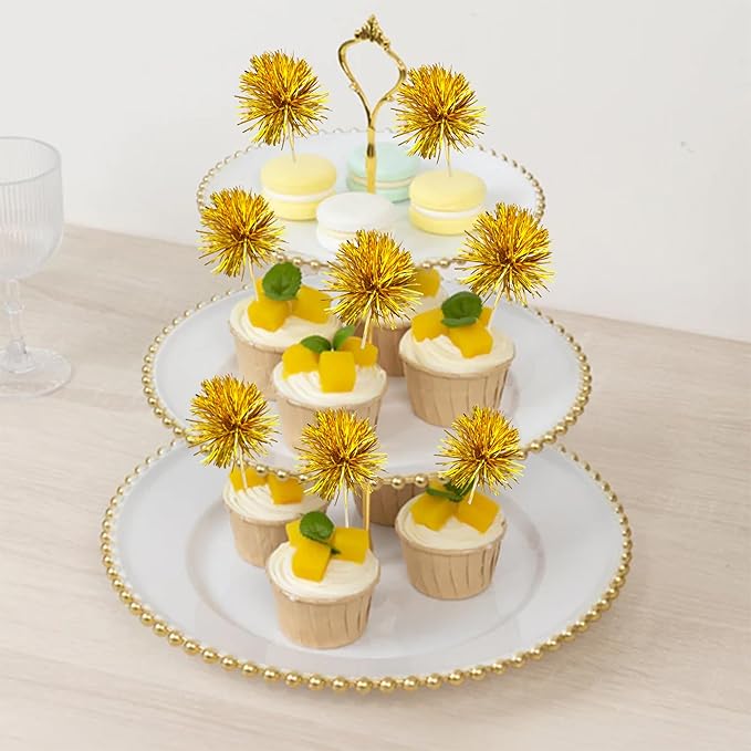Ephlyn 30Pcs Foil Firework Cupcake Toppers Sparkles Fireworks Sticks Birthday Decorations Sparkle Tinsel Cocktail Fruit Toothpick for Birthday Wedding Graduation Party Cake Decorations Gold