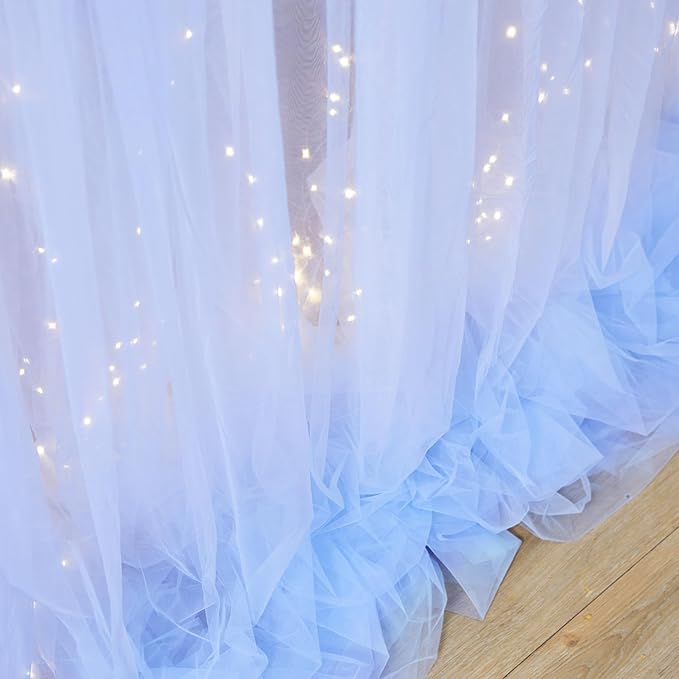 Blue Tulle Backdrop Curtains with Lights String for Parites Baby Shower 30×10ft Blue Sheer Backdrop Curtains Drapes for Bridal Shower Birthday Party Photo Shoot Background Decorations(6 Panels 5×10ft)