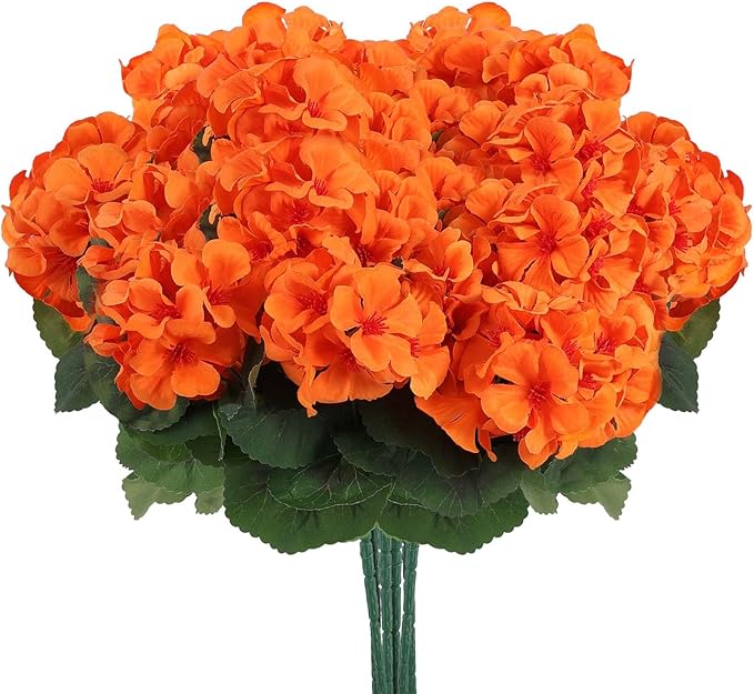 Hananona 12 Pcs Artificial Geranium Flowers for Outdoors Geranium Silk Orange Flower Outdoor UV Resistant Patio Plants Faux Autumn Flowers for Fall Home Kitchen Table Centerpieces (12, Orange)