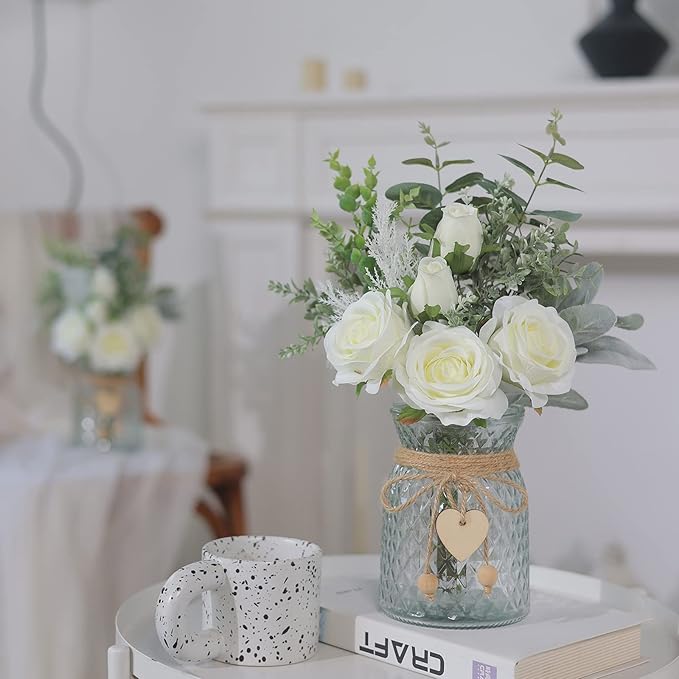 Faux Flowers with Vase,Artificial Silk Roses in Vase, Fake Plant Eucalyptus Flower Arrangement for Home Office Farmhouse Bathroom Dining Table Centerpiece Decorations Coffee Table Decor (White)