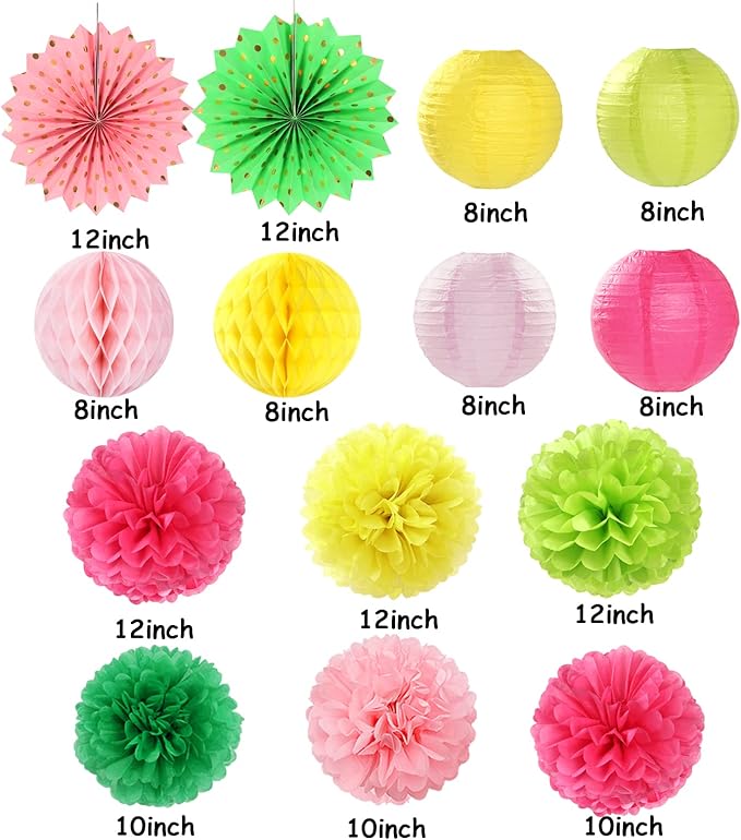 Hawaiian-Summer Beach Pool Party-Decorations Streamers - 14pcs Tropical Jungle Aloha Birthday Supplies Paper Lanterns Fan,Tissue Pom Poms,Baby Shower Honeycomb Ball Decor Lasting Surprise