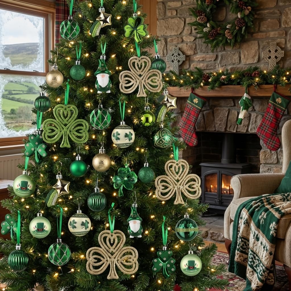 Valery Madelyn St Patricks Day Decorations Shamrock Tree Ornament,30pcs Hanging Ball Ornament Gnome Decor for Irish Festival, Good Luck Clover Emerald Green Gold Christmas Ball for Party Home Spring