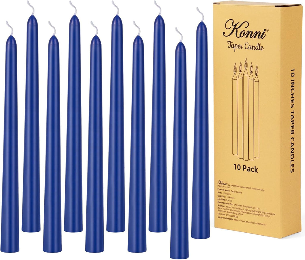 KONNI 0.87×10 Inch Blue Taper Candles, Unscented and Smokeless Tall Candlesticks, 10 Pack Tapered Candles with Cotton Wicks, Long Burning, Ideal for Weddings, Dinner Parties, and Home Décor