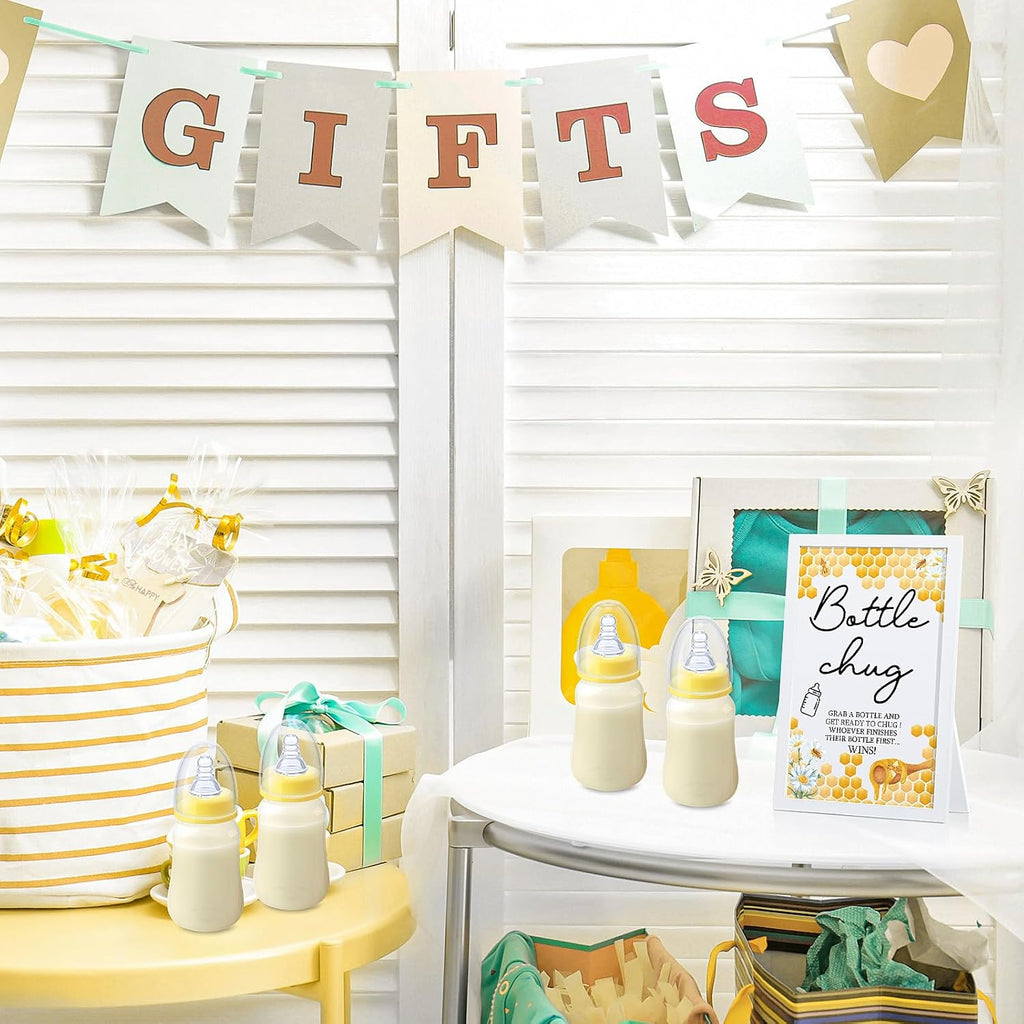 Roowest Bottle Chug Baby Shower Games Favors Including 18 Pcs Bottles with 1 Bottle Chug Wooden Sign for Gender Reveal Baby Shower Party Supplies(Yellow,Bee)