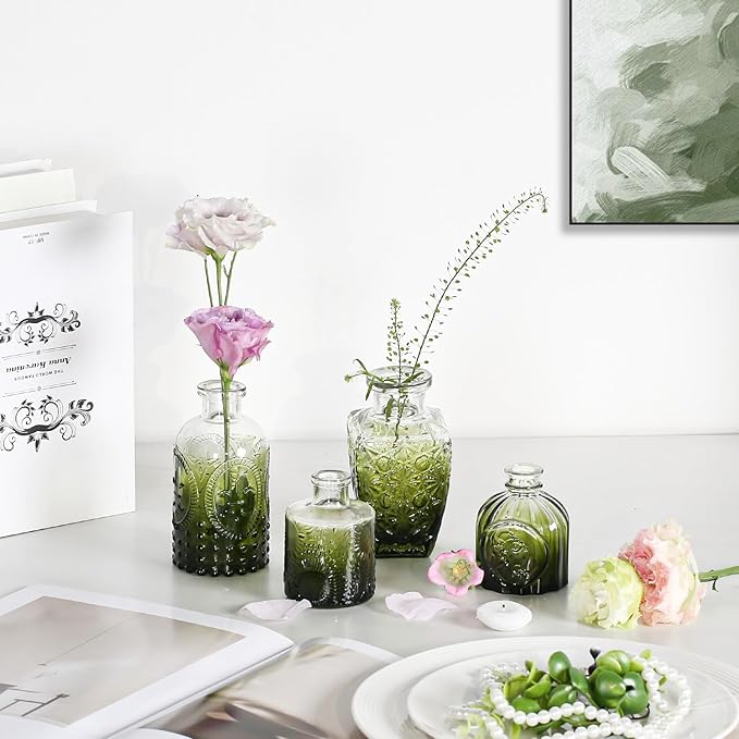 Mini Bud Vases As Wedding Centerpieces for Tables,Clear Bud Vases for Flowers,Small Flower Vases Suitable for Birthday Party,Anniversary,Wedding Reception,Baby Shower (Dark Green, 12PCS)