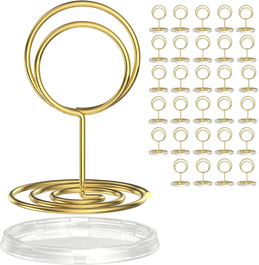 30 Pack Gold Table Number Holders with Clear Stable Base – Metal Place Card Holders for Table, Photo Picture Stands Card Holders for Wedding Party Banquet Restaurant Events (Gold)