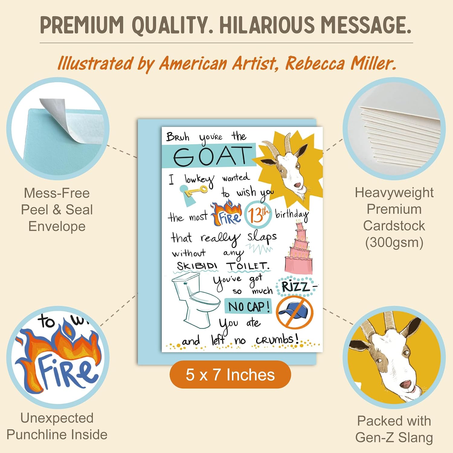 Gooji Funny 13 Birthday Card For Teenage Boy & Teen Girl - Humorous Gen-Z Slang Gift To Grandson, Daughter, Nephew, Niece - Premium 5x7 Slaps With Blue Envelope